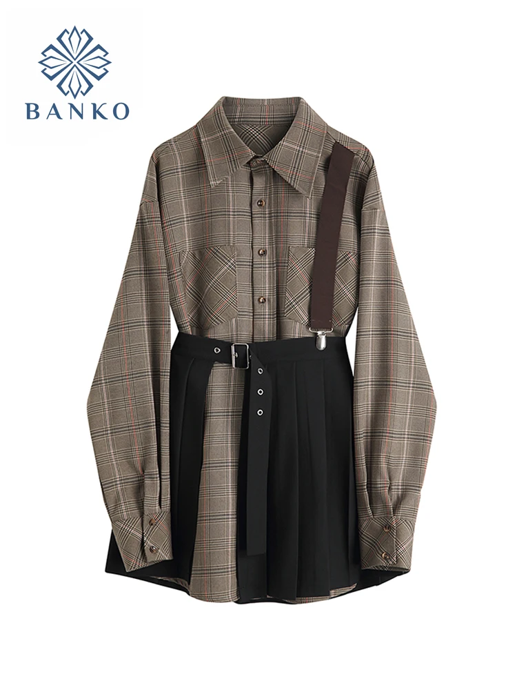 Женское платье с длинным рукавом элегантное винтажное черное в клетку Корейском