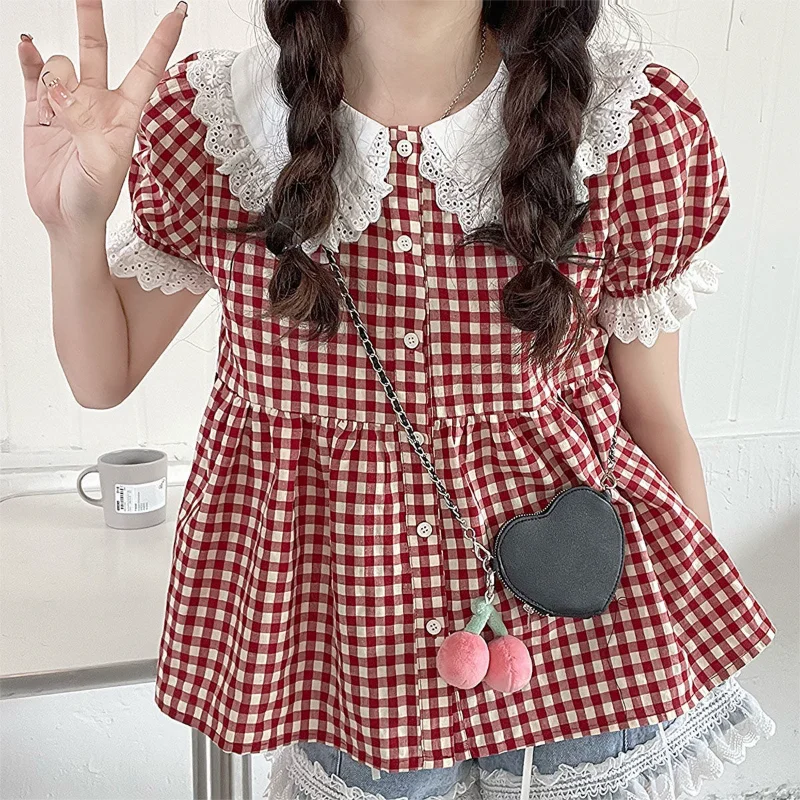 

Deeptown Red Plaid Shirts Cute Blouses Women Japanese Kawaii Lace Puff Sleeve Tops Preppy Style Vintage Lolita Sweet Girl Chic