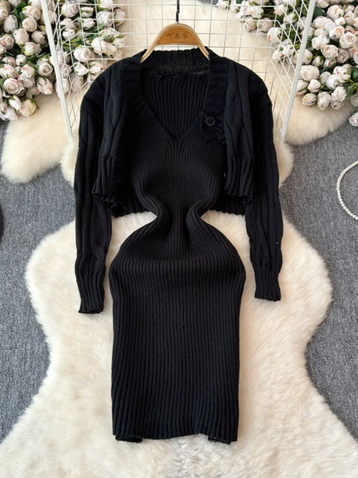 Элегантное вязаное платье женский комплект из 2 предметов шикарный укороченный