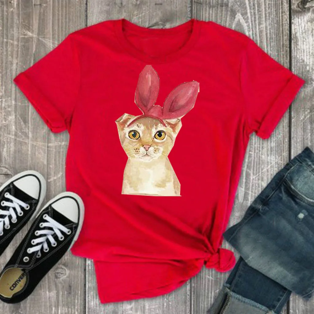 

Fashion Women Casual Short Sleeve Cat Printed O-Neck Tops Tee T-Shirt Blouse