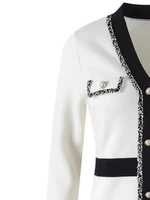 Women's White or Black Knit Knee-length Robe Elastic Waist V-neck Single Breasted Slim A-line Stripes Female Dresses Spring 2022