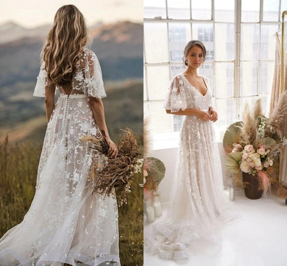 

Rustic Country A Line Wedding Dress With Bat Sleeves Floral Lace Appliques V-Neck Boho Beach Bridal Gowns Ivory And Nude Lining