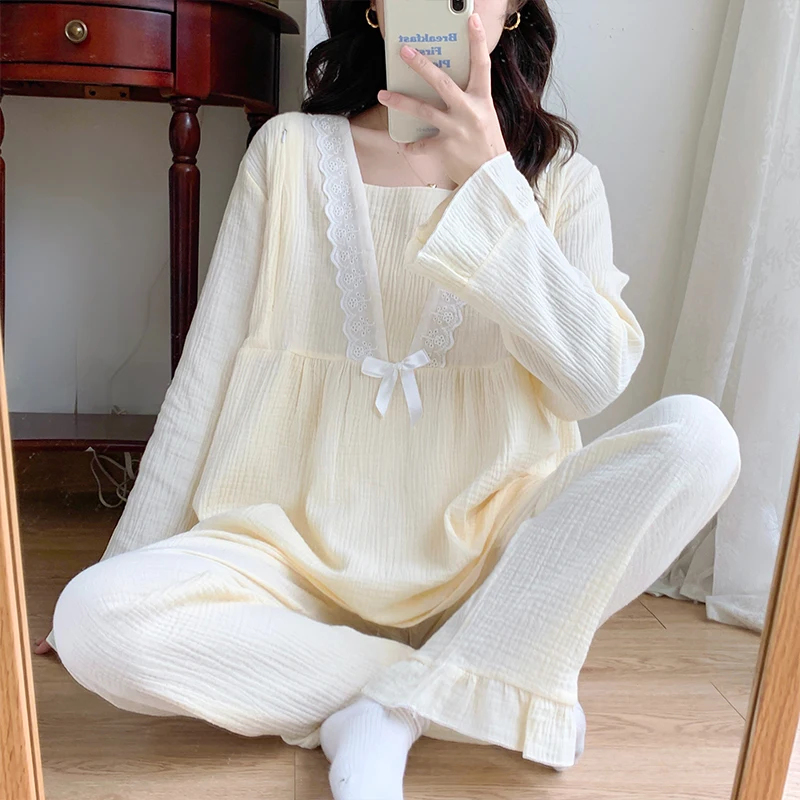 

100% Double Guaze Cotton Maternity Nursing Sleepwear Sets Soft Light Loose Pajamas Suits Summer Pregnancy Home Sleep Lacation