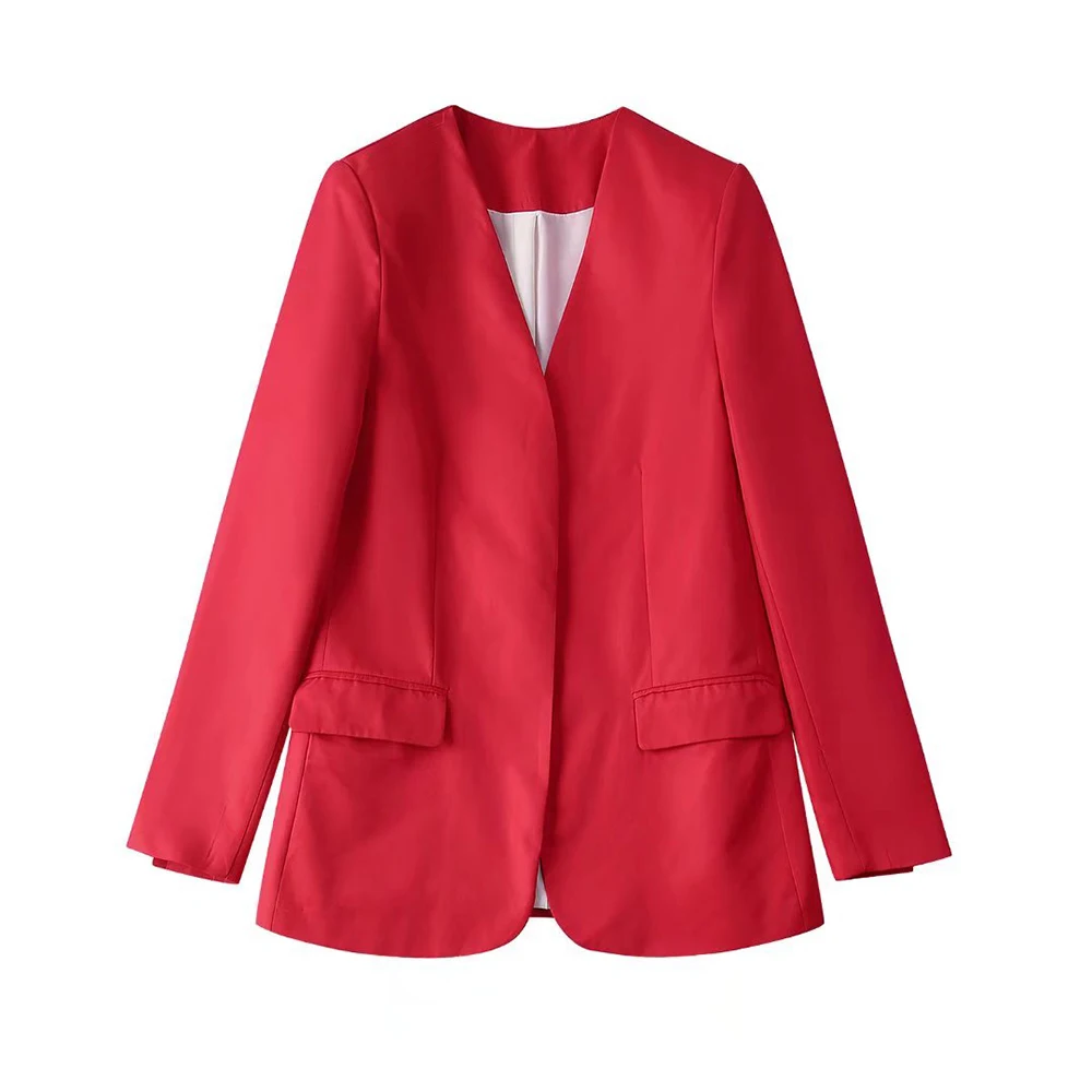 

2022 New Lapelless Slim Fit Blazer Single Row Invisible Buckle Side Pockets Ladies Solid Color Fashion Taste Blazer
