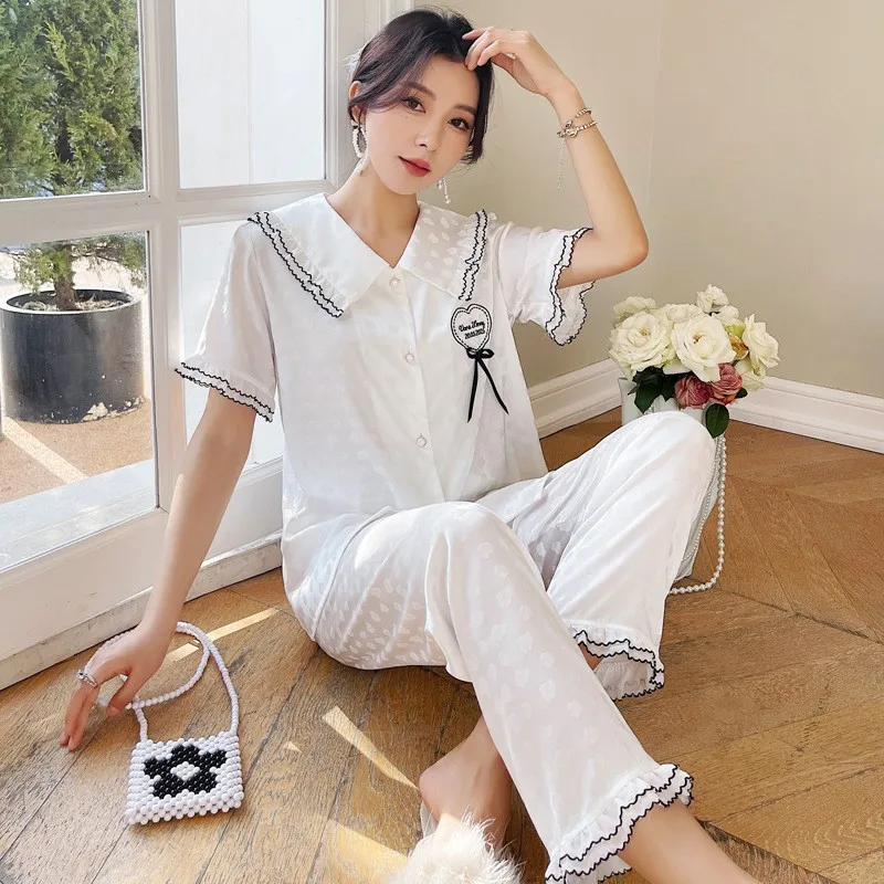 2023 Spring and Summer New Jacquard Pajamas Women's Artificial Silk Short-Sleeved Trousers Love Suit Large Size Can Be Outerwear