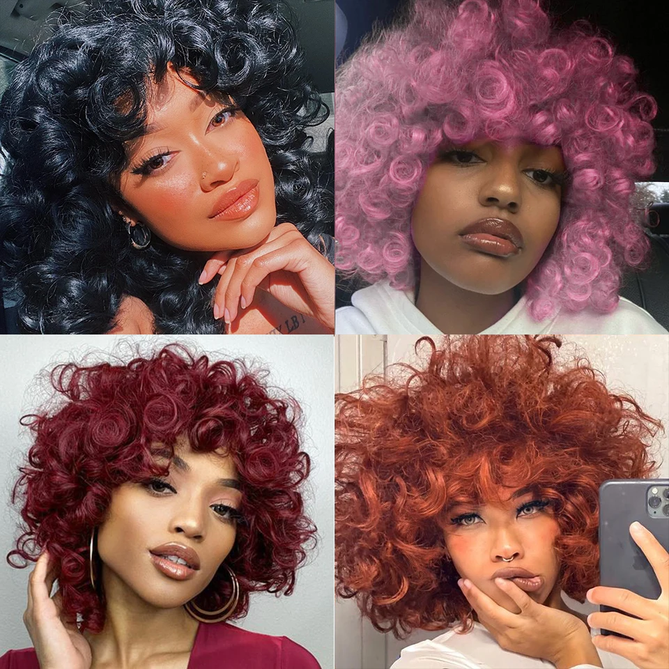 Short Hair Afro Kinky Curly Wigs With Bangs For Black Women Natural Synthetic Ombre Glueless Blonde Red Cosplay Bob Wigs FELEK