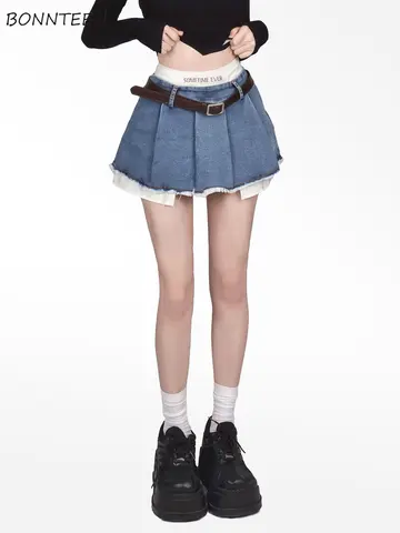 Fake Two Pieces Denim Skirts with Lining Women Mini Summer Chic Sexy Girls Preppy Ulzzang Ins Pleated Irregular Y2k Streetwear