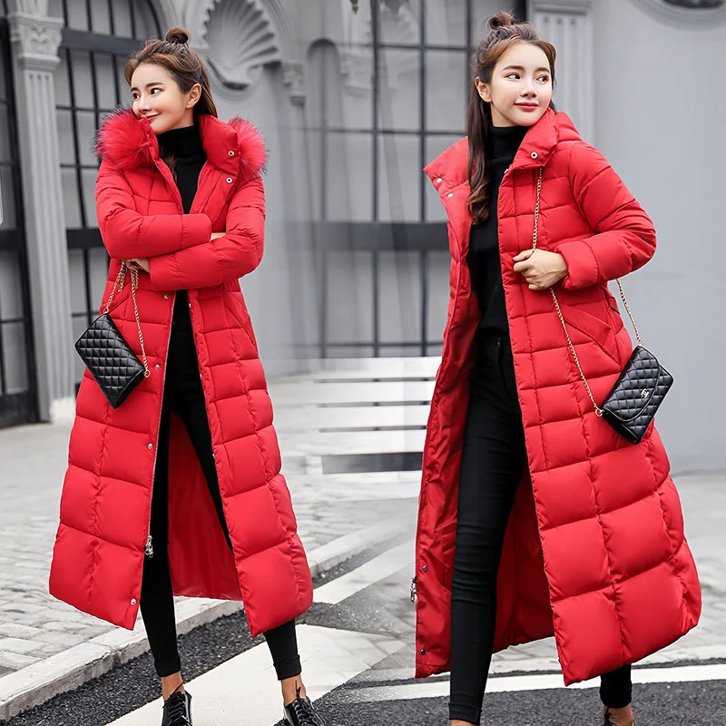 Women Cotton Padded Clothes Long Style New Clothing Korean Down Parka Overcoats Faux Fur Hooded Jacket Thickening Warm Coats New