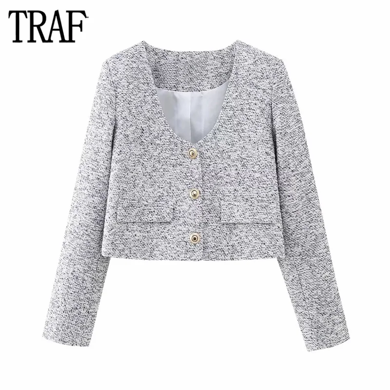 

TRAF Tweed Cropped Blazer Women Golden Button Jacket Women Long Sleeve Office Blazer Woman Spring Going Out Blazers for Women