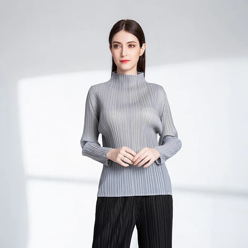 

Miyake pleated top women's solid color elastic self-cultivation temperament half turtleneck bottoming shirt t-shirt women