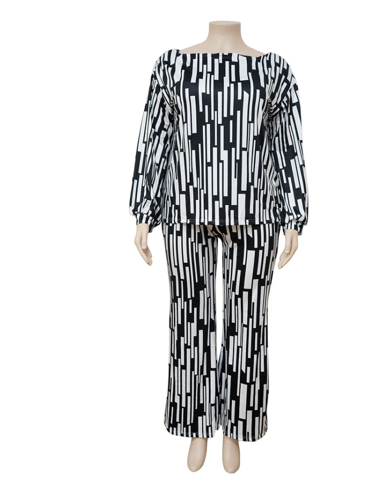 4XL Plus Size Matching Sets Women Stripe Long Sleeve T Shirts + Wide Leg Pant Suits 2 Piece Female Casual Loose Outfits 2023