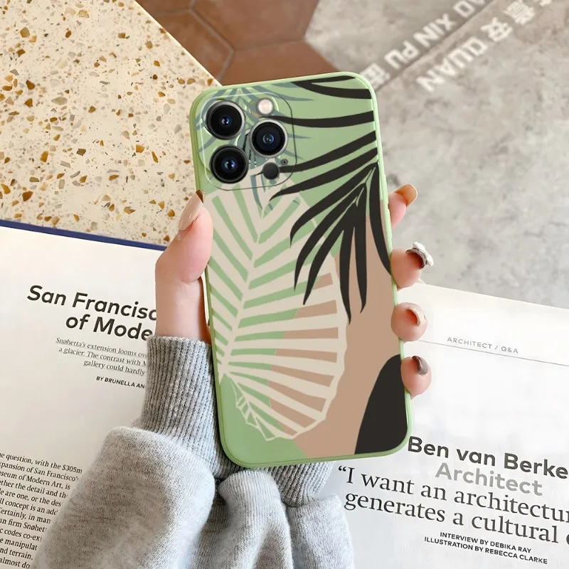 

Green Leaf Frame Phone Case Candy Color For IPhone 14 12 13 11 Pro Max Mini X XR XS Max 7 8 Plus Soft Silicon Cover