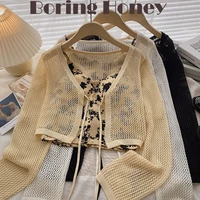 boring honey dense flower pattern on short crop tops beach out thin knitted long sleeves cardigan two piece suit tops women