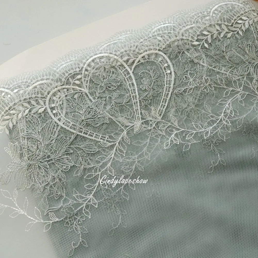 1Meter 30CM Wide Soft Silver Thread Embroidered Lace Trim Fabric Bean Green Mesh For Bra Girl's Dress Sewing Garment Accessories