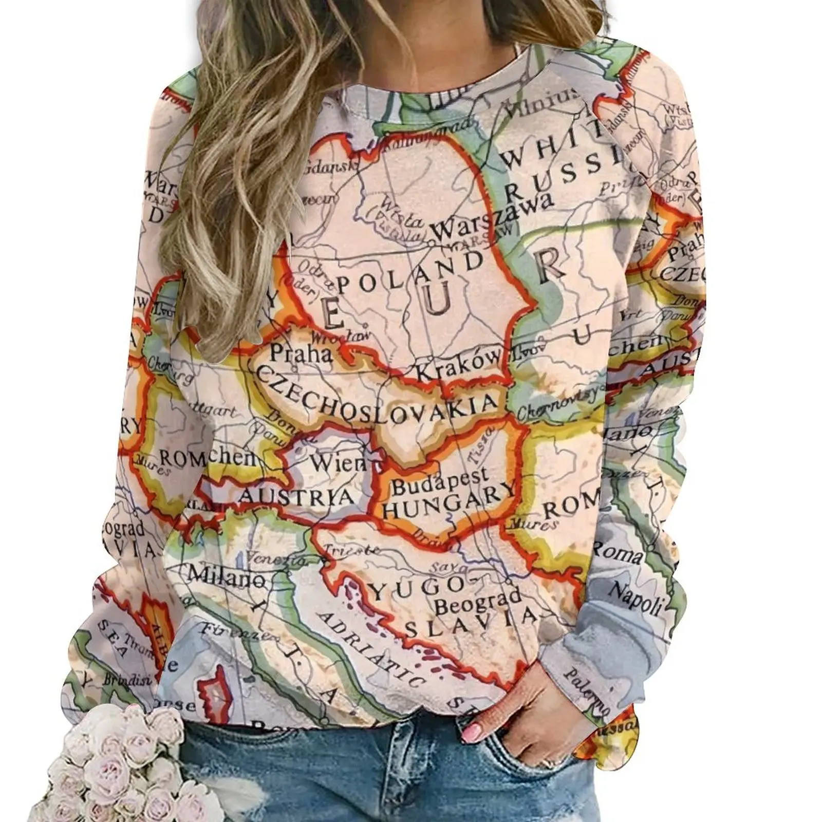 

Map of Europe Hoodies Womens Long Sleeve Vintage Print Kawaii Casual Hoodie Hot Harajuku Oversize Printed Sweatshirts