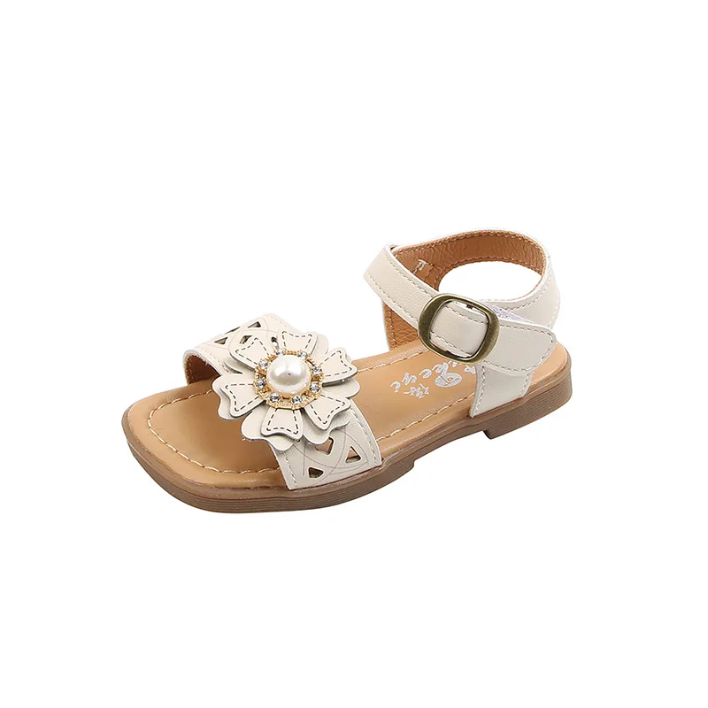 

Girls Summer Casual Sandals Kids Fashion Open-toe Flower Hollow Baby Princess Square-toe Children Hook & Loop Sweet Gift Beige