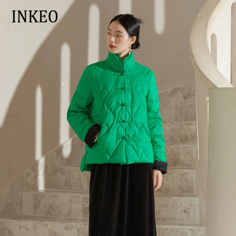 Women Winter Stand collar down jacket Rhodo Chinese style Loose Long sleeve puffer coat Short parkas Streetwear 2023 INKEO 2O345