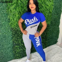 hljgg casual sport two piece sets fall women pink letter print tshirt and legging pants tracksuits female patchwork outfit 2022