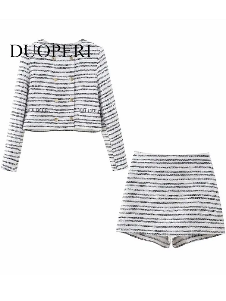 

DUOPERI Women Fashion 2 Piece Set Texture Striped Double Breasted Coat & Vintage High Waist Shorts Female Chic Lady Shorts Set