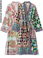 pailete women 2022 fashion with belt printed open kimono dress vintage long sleeve split hem female dresses vestidos mujer