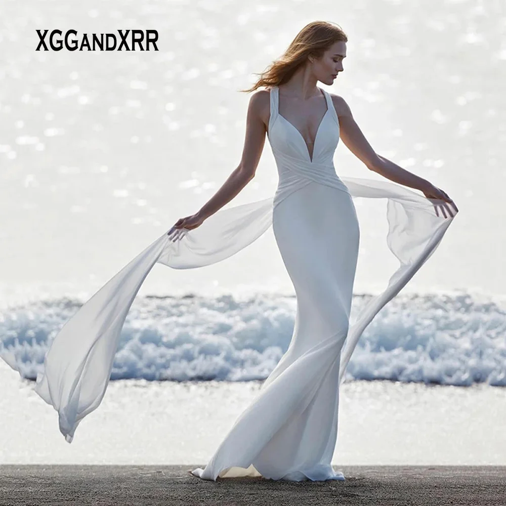 

New Mermaid Chiffon Beach Wedding Dress Bride Halter Deep V-Neck Backless Women Bridal Party Gowns Vestidos De Noiva Mariage