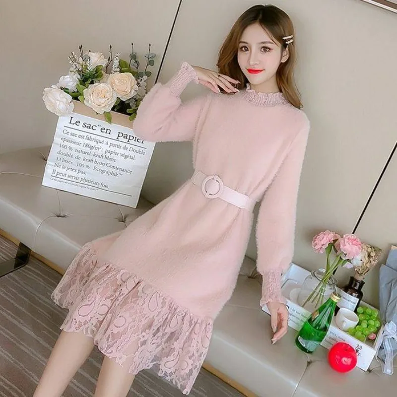

Knitted Dresses for Women Lace Turtleneck 2023 Clothes Woman Dress Crochet Trendy Cheap Casual Free Shipping Korean Style Thic