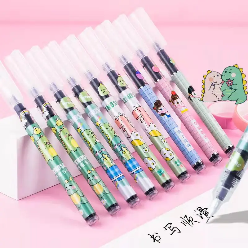 

10pcs Kawaii Straight Liquid Rollerball Gel Pen 0.5mm Black Ink Quick-drying Ballpoint Pen Kids School Office Kawaii Stationery