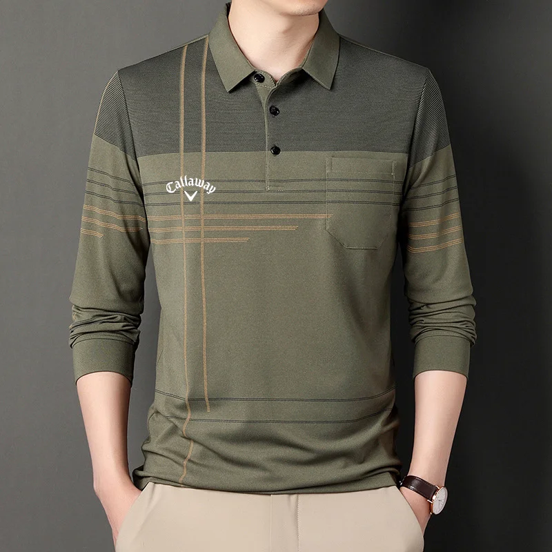 Spring/Autumn New Men's Golf Clothing Lapel Long Sleeve Middle-aged POLO Shirt Striped Casual Jacket