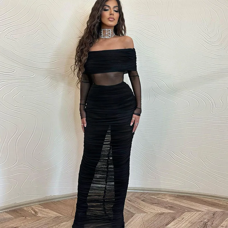 

Off Shoulder Mesh Party Long Dress Women Clothing Sexy Club Backless Ruched Bodycon Dresses Long Sleeves Autumn Vestidos