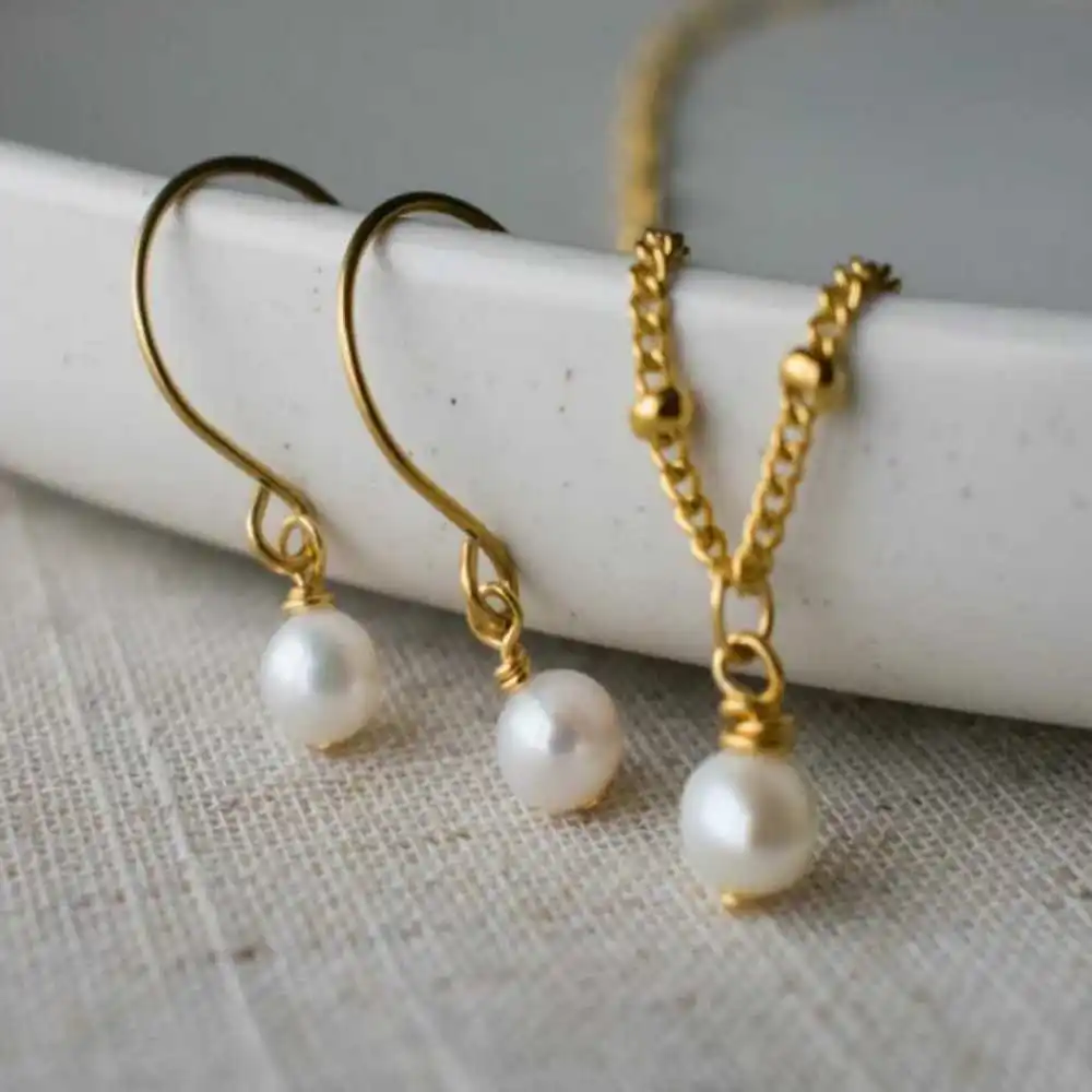 

7-8MM White Natural Freshwater Baroque Pearl Pendant Earring Set Clavicle Women Jewellery Keychain Stainless Gift Wholesale
