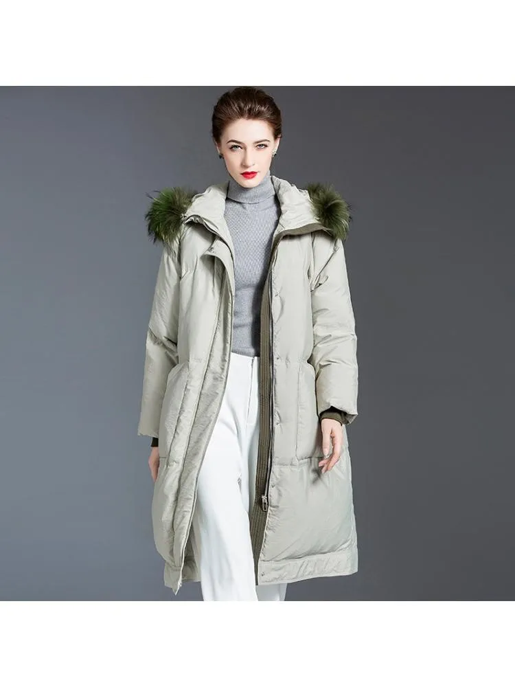 2022 Korean Winter Natural Raccoon Fur Collar Fashion Padded Soft Long 90 White Duck Down Coats Women Hooded Loose Warmer Jacket