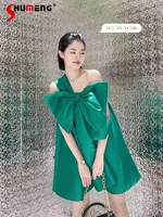 high grade sexy sleeveless green short evening dress harajuku womens bow loose luxury hollow out annual meeting dress vestidos