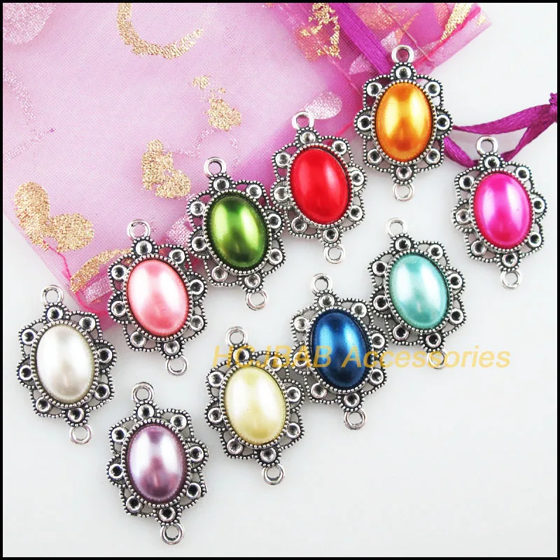 10 шт. тибетские посеребренные ретро овальные смешанные акриловые