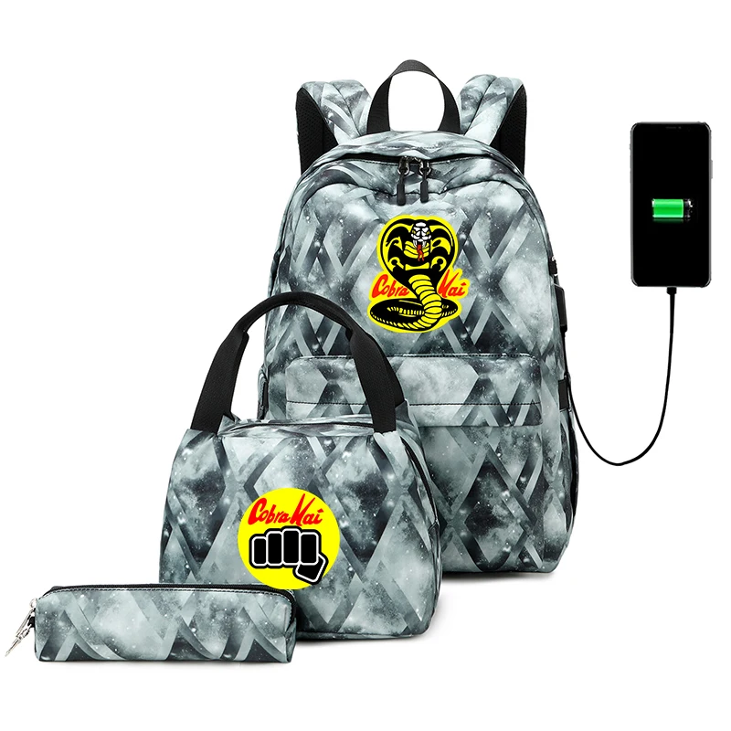 

3pcs/set Hot Cobra Kai Backpack Fashion Women Men USB Charging Daily Travel Backpack For Children Teenager School bag Mochila
