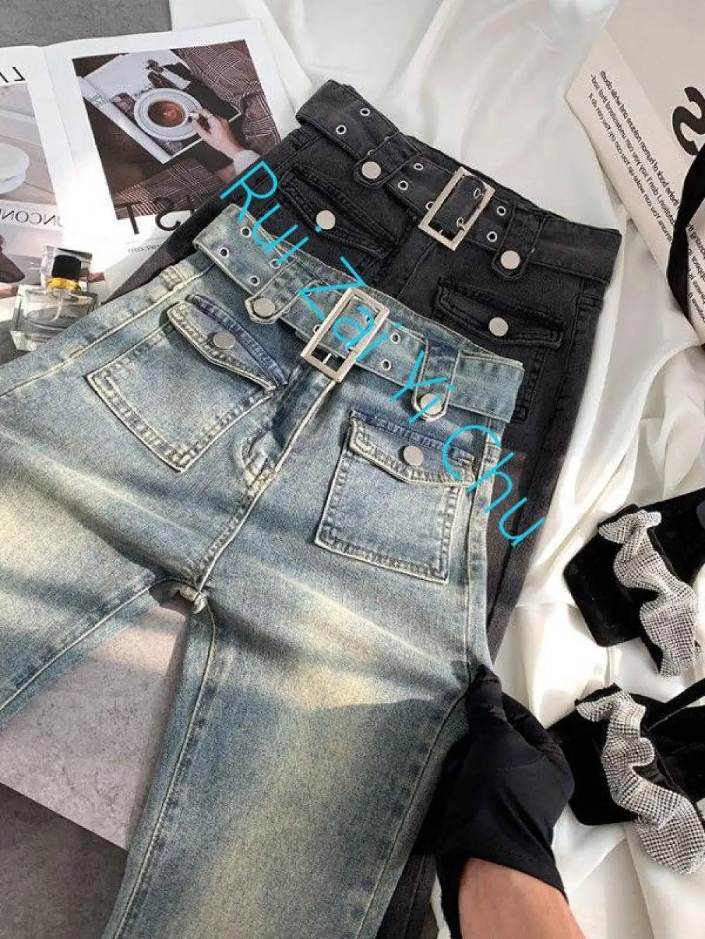 

Корейские модные уличные Новые расклешенные джинсы женские узкие с высокой талией в эстетике Y2K джинсовые брюки винтажные потертые в стиле ретро