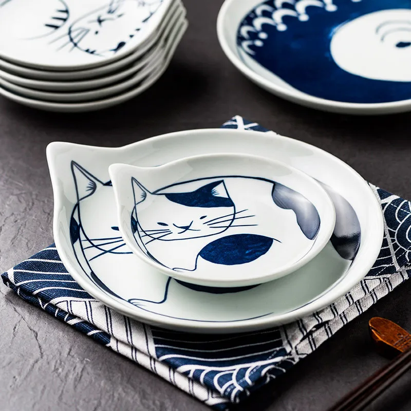 

Estilo japonês prato de cerâmica sobremesa molho prato de mesa criativo desenho gato da sorte gota de água prato de sushi pratos