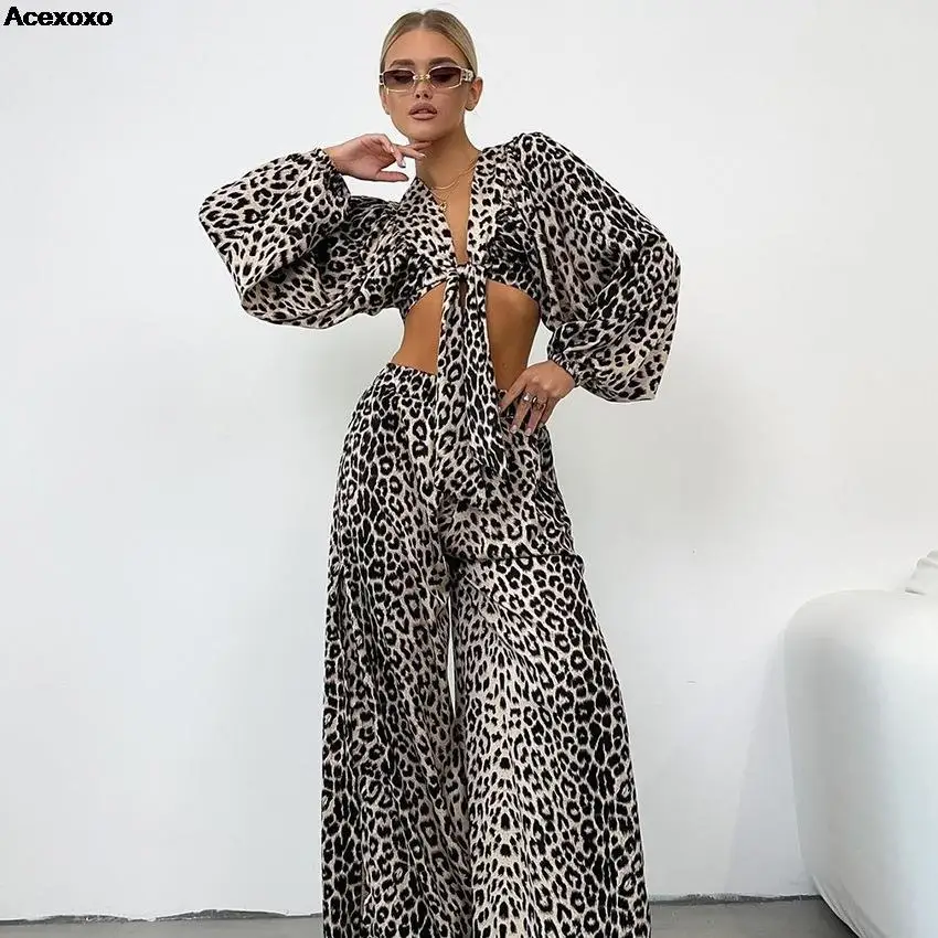 

Женский Повседневный костюм с принтом, рубашка с V-образным вырезом и рукавами-фонариками, брюки с широкими штанинами, осень