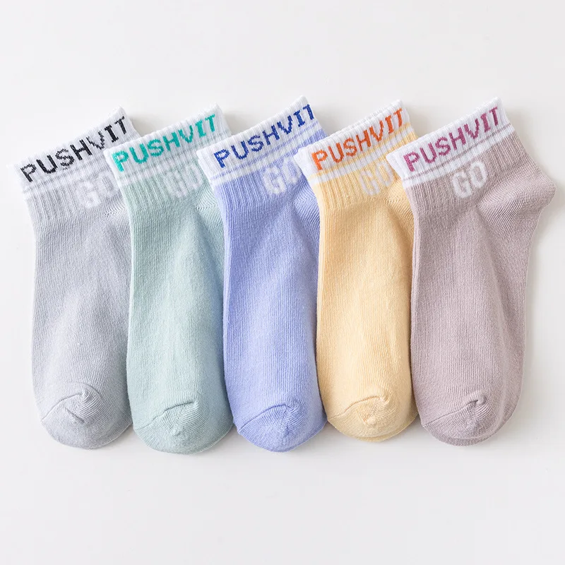 5 pairs of thin summer style female short tube ins trend with pure color letters simple breathable low-top shallow socks