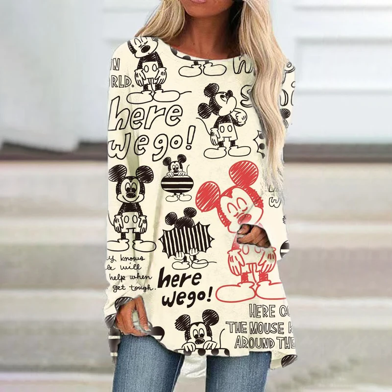 

Весенне-осенняя Милая уличная одежда в стиле Харадзюку С 3D рисунками из мультфильмов, Повседневная футболка с длинным рукавом и круглым вырезом из аниме «Микки и Минни», 2022