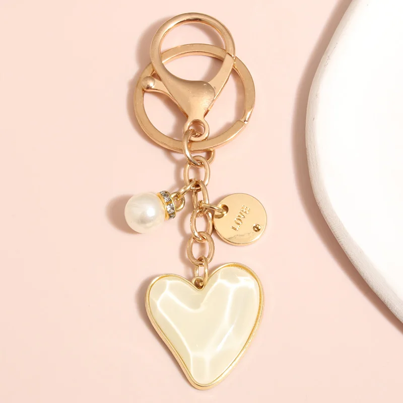 

Enamel Keychain Love Heart Pearl Key Ring Valentine's Day Key Chains For Women Girls Handbag Accessorie DIY Jewelry Gifts