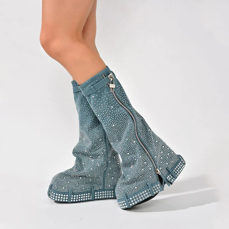 

Женские джинсовые сапоги на платформе, с круглым носком, без застежки