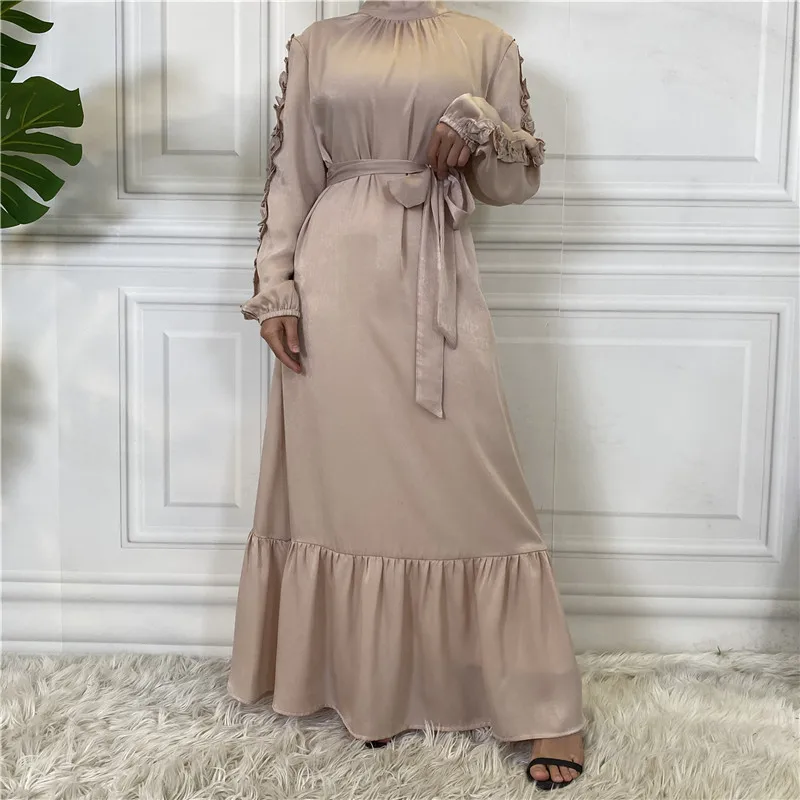 New Fashion Simple Elegant Muslim Dress Women Big Hem Pleated Long Sleeve Long Dresses For Muslim Women Abaya Turkey
