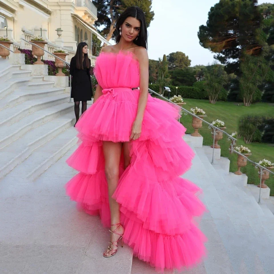 

Hot Pink Tiered Evening Gowns Prom Dresses For Women Strapless Short Front Long Back Formal Party Elegant Princess Graduation