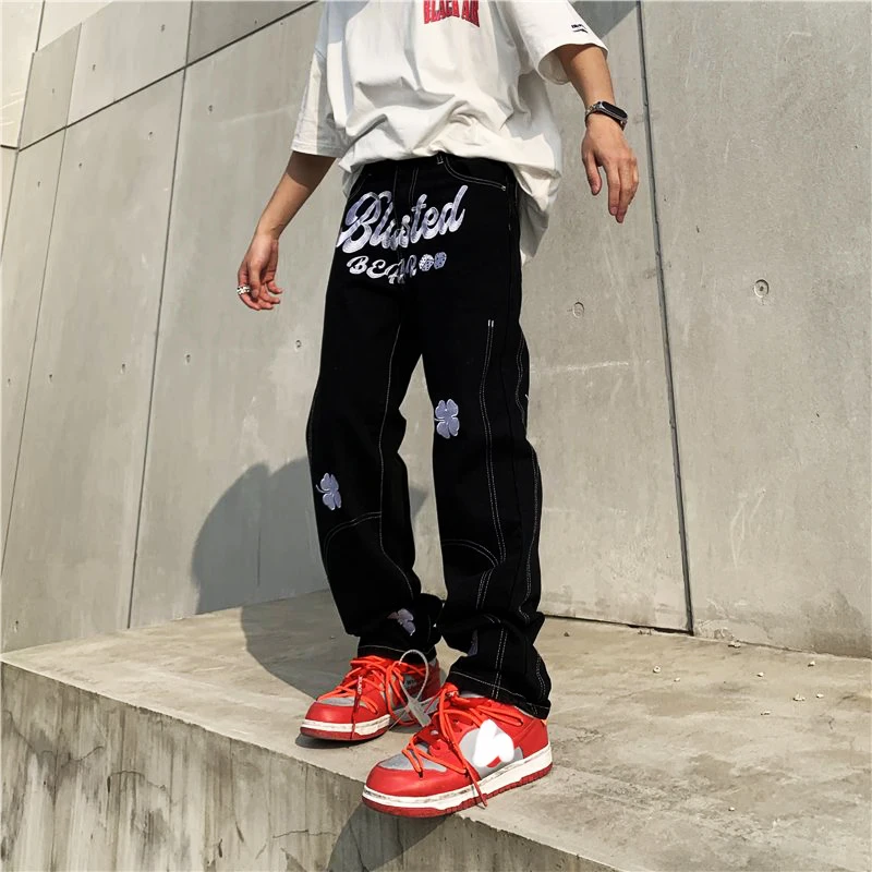 Men's Y2K Clothes New Fashion Letter Embroidery Baggy Men Jeans Straight Casual Black Denim Trousers Pants For Men Streetwear