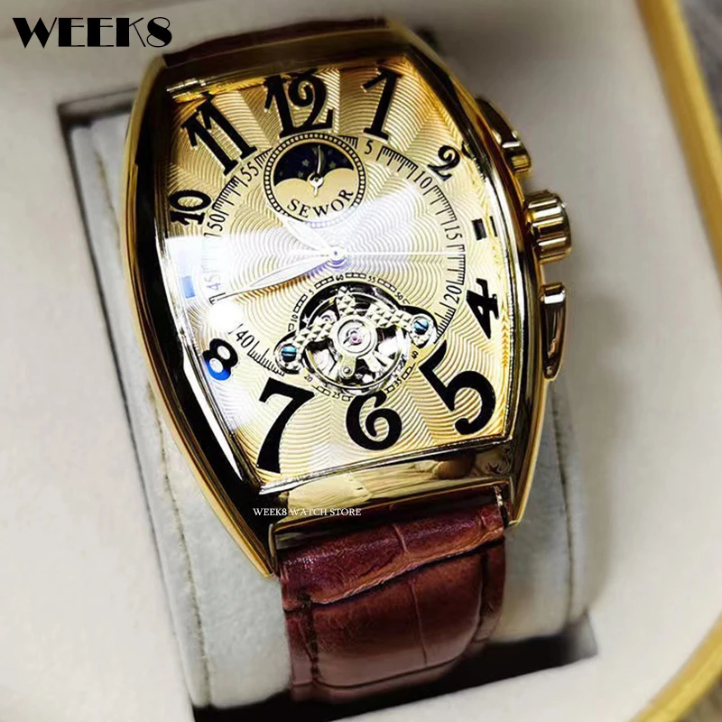 

Luxury Automatic Mechanical Watch for Men Wrist Watch Tourbillon Skeleton Wrist Clock Tonneau Case Male Luminous Top Wristwatch