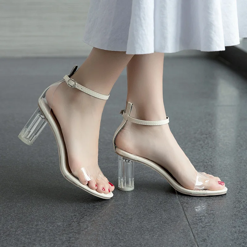 

Summer PVC Transparent high heel women shoes Crystal sandals new crystal thick heel word sandals Fashion round heel sandals