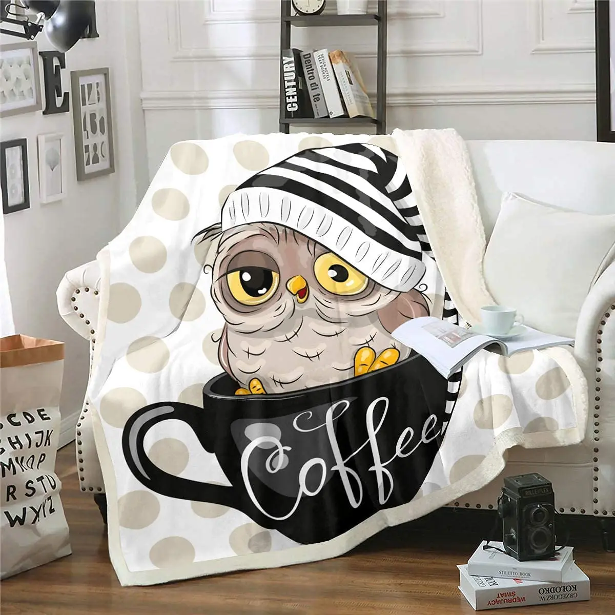 Owl Sherpa Throw Blanket Coffee Cartoon Cup Bed Fleece Blanket Contemporary Style Twin Size Sherpa Throw Blanket Flannel Blanket
