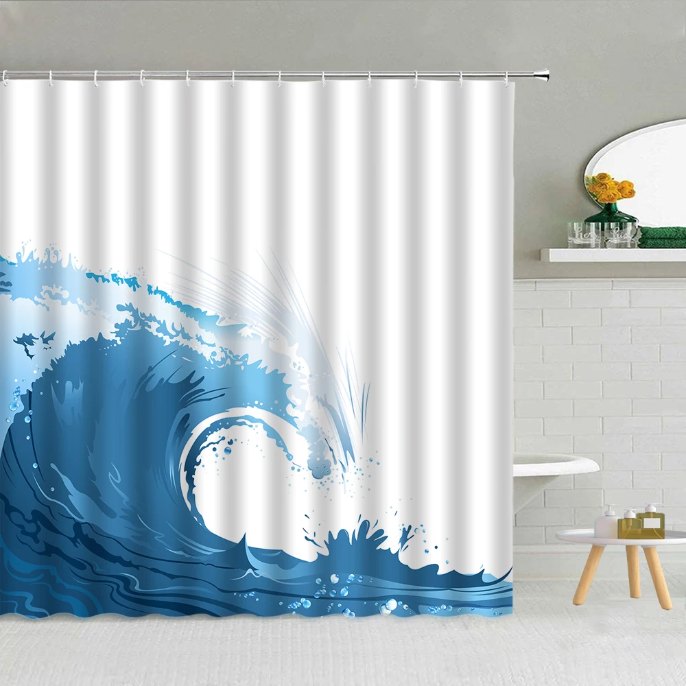

Waves Landscape Shower Curtain Ocean Nature Scenery Bath Curtain Polyester Fabric Bathroom Decoration Bathroom Accessories Hooks