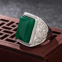 hoyon 925 sliver color ethnic style domineering mens green agate ring retro mens green chalcedony ring simple fashion jewelry