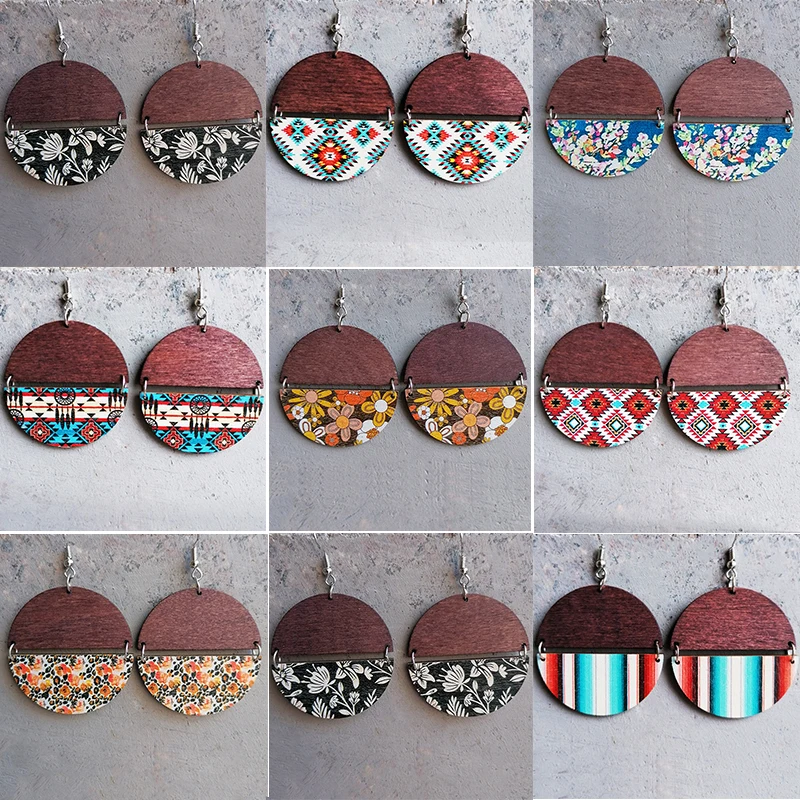 

Fashion Boho Round Earrings Wooden Round American Western Ethnic Exotic Flowers Pattern Patchwork Earrings For Women